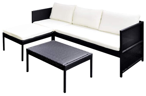 3 részes fekete polyrattan kerti bútorszett párnákkal