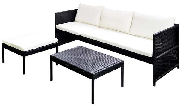 3 részes fekete polyrattan kerti bútorszett párnákkal