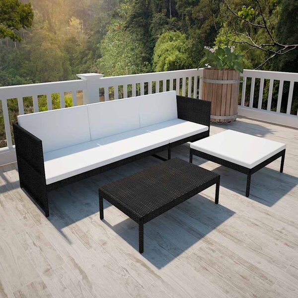 3 részes fekete polyrattan kerti bútorszett párnákkal