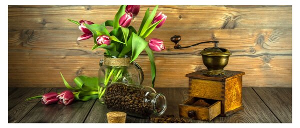 Tulipánok, daráló és kávé képe (120x50 cm)