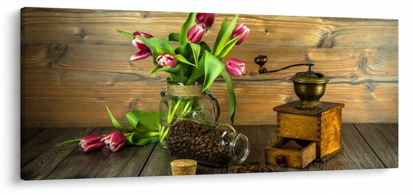 Tulipánok, daráló és kávé képe (120x50 cm)