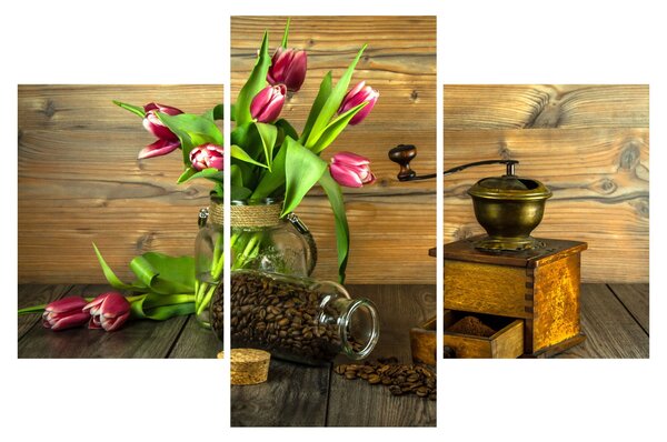 Tulipánok, daráló és kávé képe (90x60 cm)