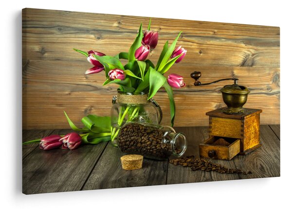 Tulipánok, daráló és kávé képe (90x60 cm)