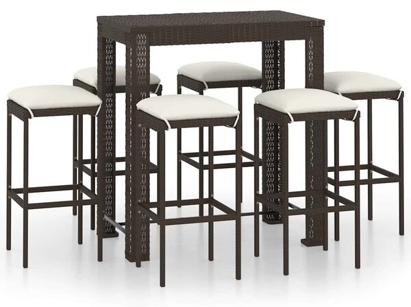 7 részes barna polyrattan kerti bárszett párnákkal