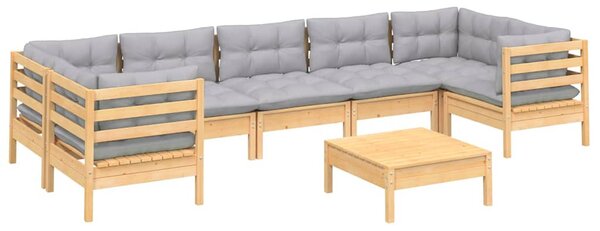 8 részes fenyőfa kerti ülőgarnitúra szürke párnákkal
