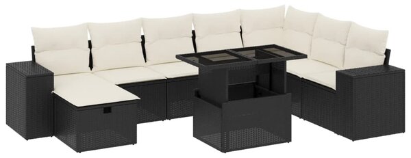 9 részes fekete polyrattan kerti ülőgarnitúra párnákkal