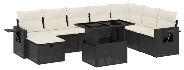 9 részes fekete polyrattan kerti ülőgarnitúra párnákkal