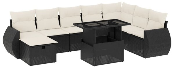9 részes fekete polyrattan kerti ülőgarnitúra párnákkal