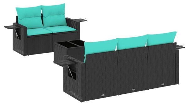 6 db fekete polyrattan kerti kanapégarnitúra párnákkal