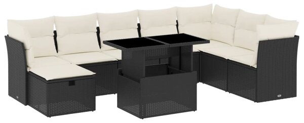 9 részes fekete polyrattan kerti ülőgarnitúra párnákkal