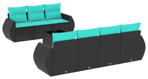 8 db fekete polyrattan kerti kanapégarnitúra párnákkal