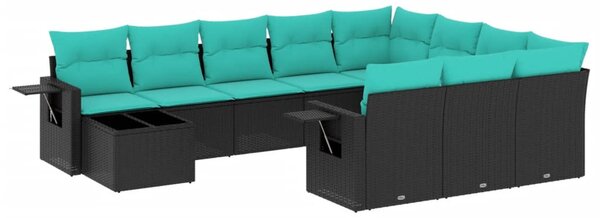 11 db fekete polyrattan kerti kanapégarnitúra párnákkal
