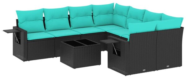 9 db fekete polyrattan kerti kanapégarnitúra párnákkal