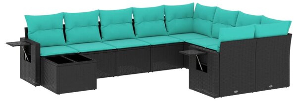 10 db fekete polyrattan kerti kanapégarnitúra párnákkal
