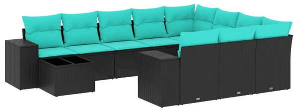 11 db fekete polyrattan kerti kanapégarnitúra párnákkal