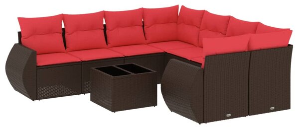 9 db barna polyrattan kerti kanapégarnitúra párnákkal