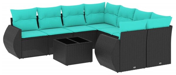 9 db fekete polyrattan kerti kanapégarnitúra párnákkal