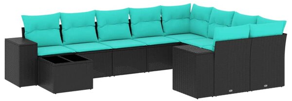 10 db fekete polyrattan kerti kanapégarnitúra párnákkal