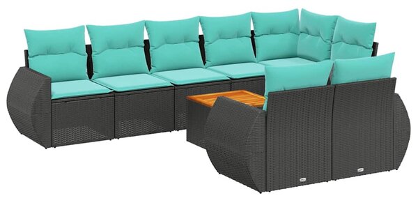 9 db fekete polyrattan kerti kanapégarnitúra párnákkal