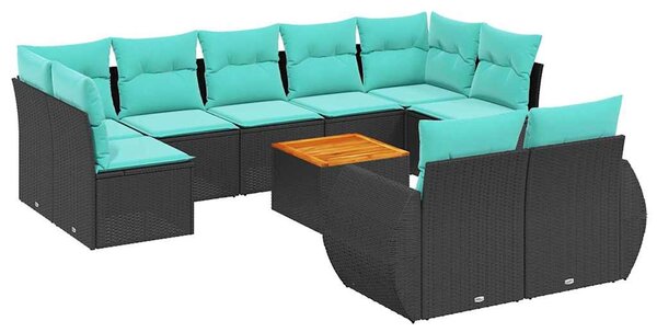 10 db fekete polyrattan kerti kanapégarnitúra párnákkal