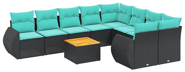 10 db fekete polyrattan kerti kanapégarnitúra párnákkal