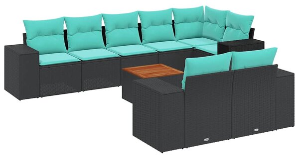 9 db fekete polyrattan kerti kanapégarnitúra párnákkal