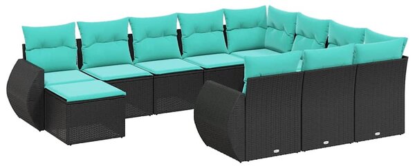 11 db fekete polyrattan kerti kanapégarnitúra párnákkal