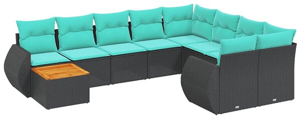10 db fekete polyrattan kerti kanapégarnitúra párnákkal