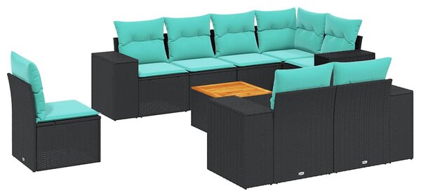 9 db fekete polyrattan kerti kanapégarnitúra párnákkal