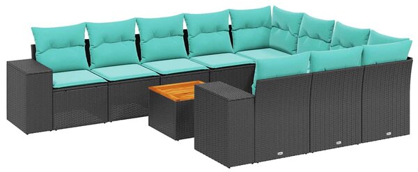 11 db fekete polyrattan kerti kanapégarnitúra párnákkal