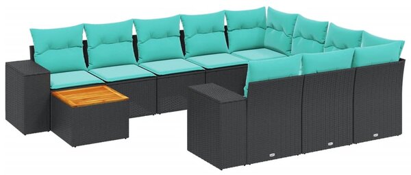 11 db fekete polyrattan kerti kanapégarnitúra párnákkal