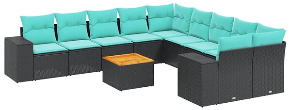 11 db fekete polyrattan kerti kanapégarnitúra párnákkal