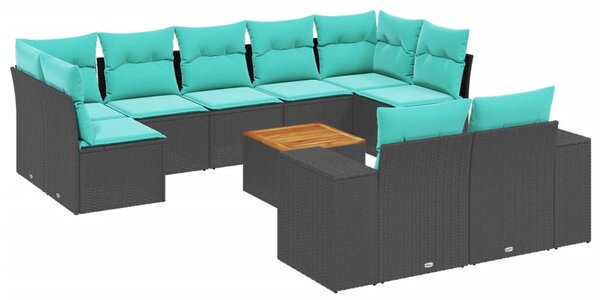 10 db fekete polyrattan kerti kanapégarnitúra párnákkal