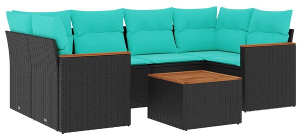 7 db fekete polyrattan kerti kanapégarnitúra párnákkal