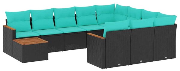 11 db fekete polyrattan kerti kanapégarnitúra párnákkal