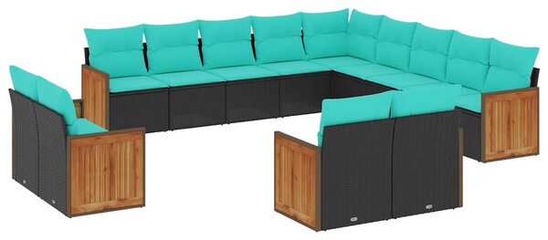 13 db fekete polyrattan kerti kanapégarnitúra párnákkal