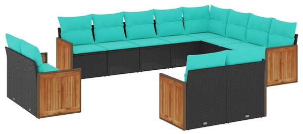 12 db fekete polyrattan kerti kanapégarnitúra párnákkal
