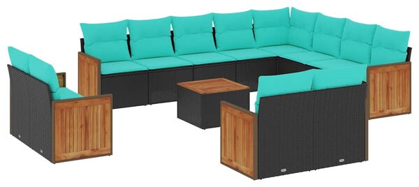 13 db fekete polyrattan kerti kanapégarnitúra párnákkal