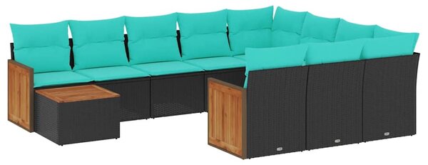 11 db fekete polyrattan kerti kanapégarnitúra párnákkal