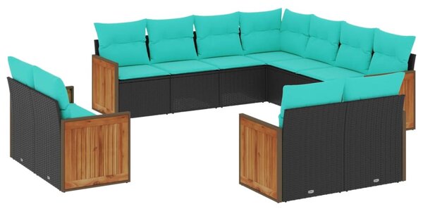 11 db fekete polyrattan kerti kanapégarnitúra párnákkal