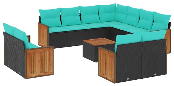 12 db fekete polyrattan kerti kanapégarnitúra párnákkal