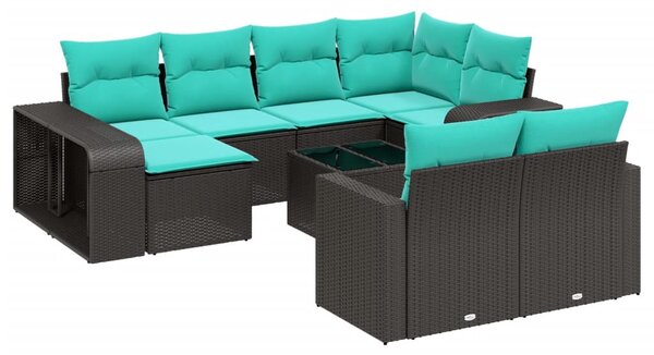 11 db fekete polyrattan kerti kanapégarnitúra párnákkal