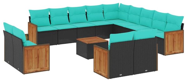 14 db fekete polyrattan kerti kanapégarnitúra párnákkal