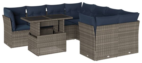 9 db szürke polyrattan kerti kanapégarnitúra párnákkal