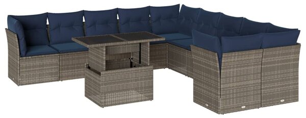 11 db szürke polyrattan kerti kanapégarnitúra párnákkal