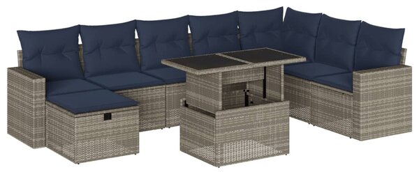 9 db szürke polyrattan kerti kanapégarnitúra párnákkal
