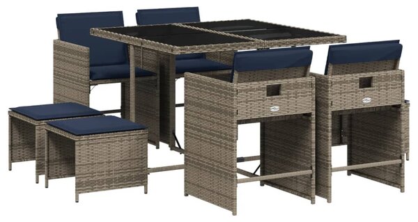 9 db szürke polyrattan kerti étkezőgarnitúra párnákkal