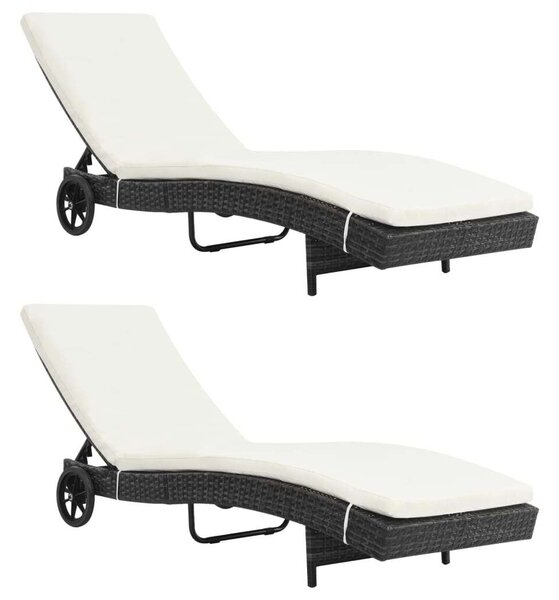 VidaXL Napozóágy - 2 db - Fekete Polyrattan - Párnával