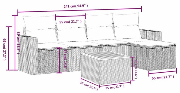 6 db szürke polyrattan kerti kanapégarnitúra párnákkal