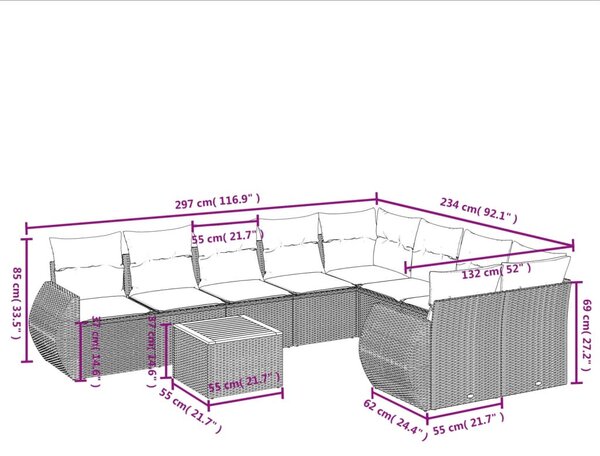 10 részes bézs polyrattan kerti ülőgarnitúra párnával